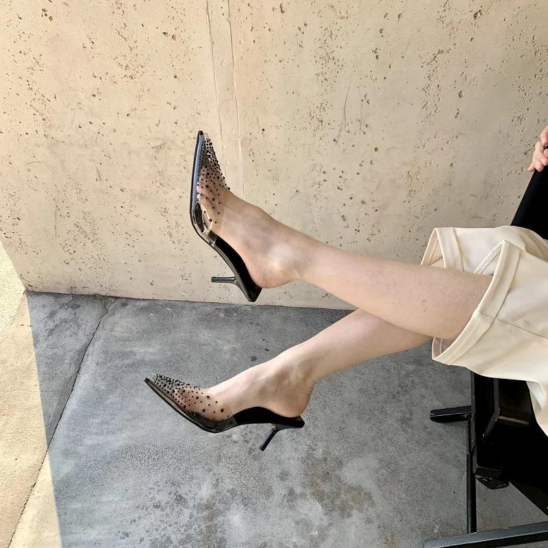 Fashion Eilyken Summer Gold Silver Women Slipper Fashion CRYSTAL Pointed Toe  Slip On Mules Thin High Heel Ladies Pumps Sandals