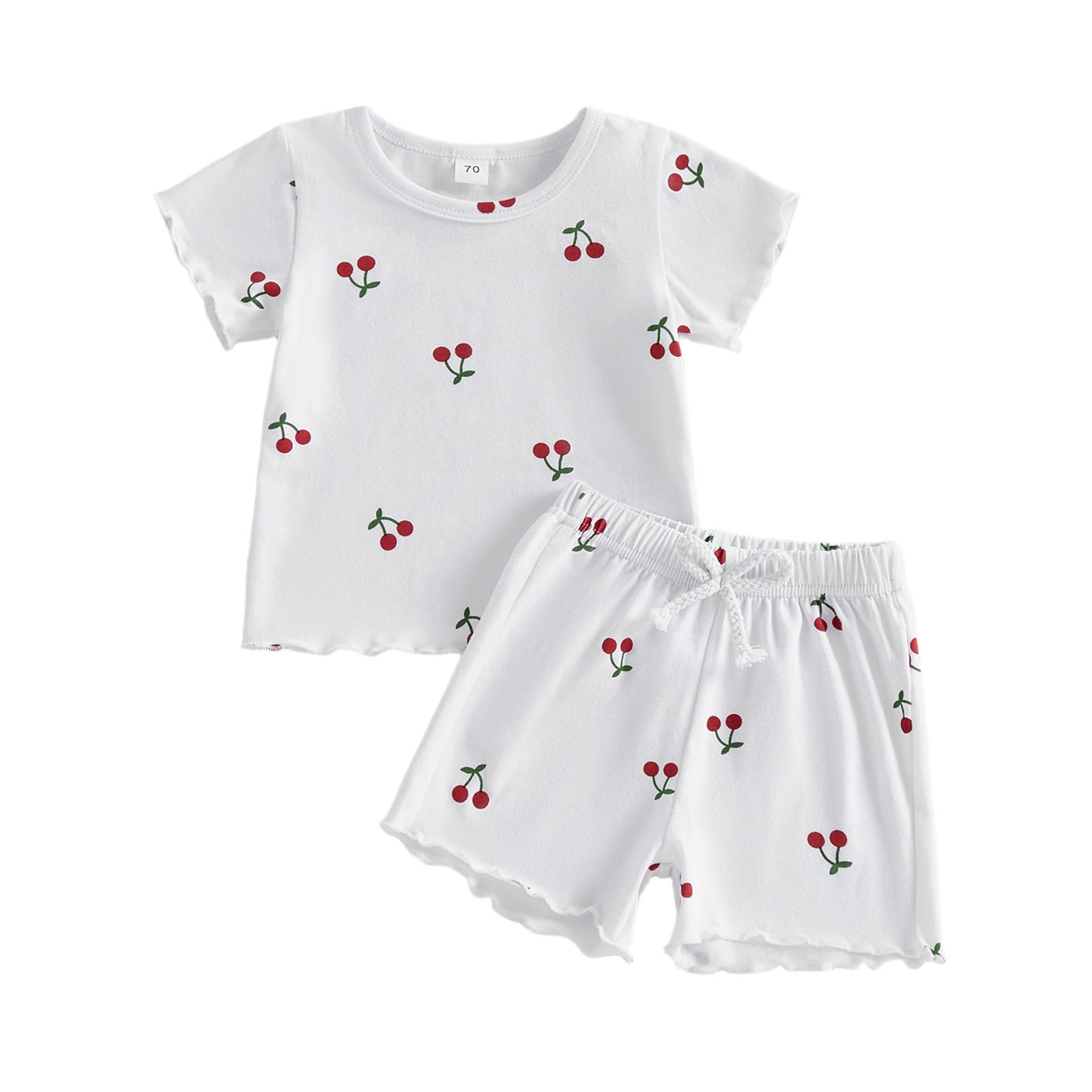 

2Pcs Kids Baby Girl Summer Casual Outfits Short Sleeve Cherry Print Tops + Shorts Set Clothes Sets 90 белый