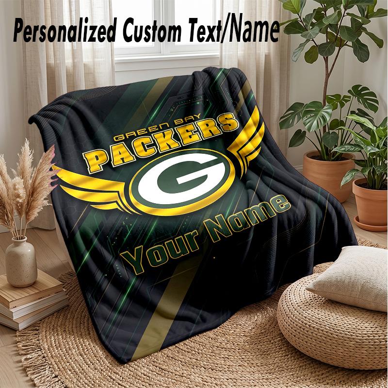 Green Bay Packers Custom Flannel Throw Blanket Print Your Name Text Soft Warm Blanket Holiday Present