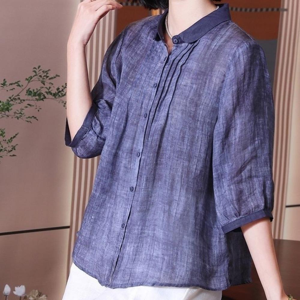 Cropped Sleeves Retro Elegant Temperament Ramie Top for Women Spring New Stand Collar Loose Casual Simple Shirt