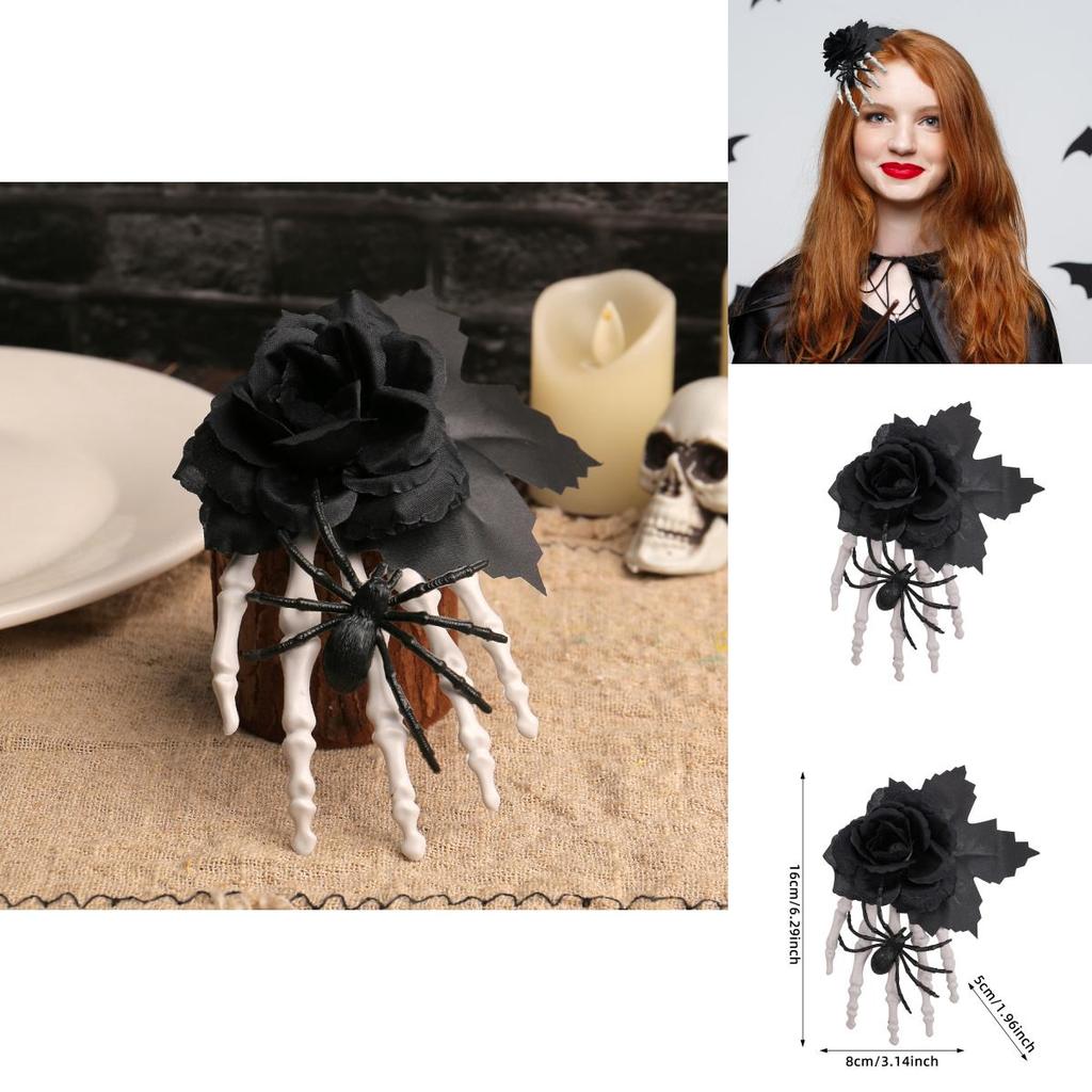 Halloween Black Rose Skull Claw Hair Clip With Spooky Spider For Costume Accessories