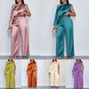 Women One Shoulder Draped Sleeveless  Solid Color Satin Wide Leg Pants Set