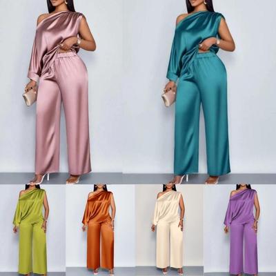 Damen One-Shoulder Drapierter Ärmelloser Uni-Farben Satiniert Weiter Bein Hosenanzug Set