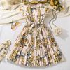 Girls' Summer French Retro Print Dress with Flutter Sleeves and Cinched Waist