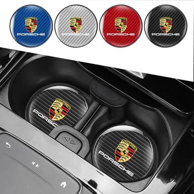2 Stuks Auto Emblemen Bekerhouder Mat Onderzetter Leer Accessoires Voor Cayenne Panamera Macan 911 718 Taycan Boxster Cayman 918