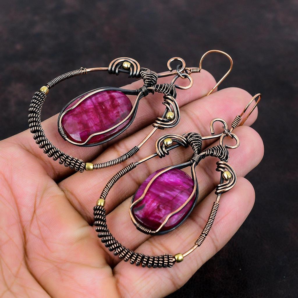 Faceted Kashmir Ruby Earring Copper Wire Wrapped Jewelry Gemstone Earrings Handmade Jewelry Copper Earring Gift For Women Wire Wrap Earring