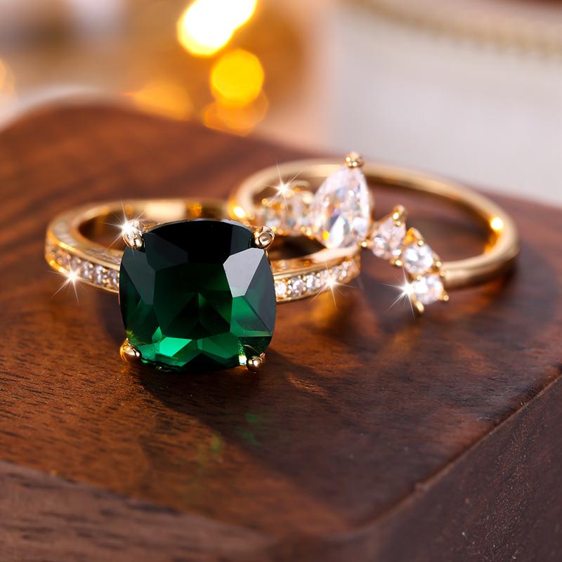 Luxury Square Green Zircon Ring Set for Women Gold Color Party Rings Engagement Wedding Jewelry