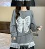 Plus Size Crocheted Lace Round Neck Slimming Long Sleeve Women's Autumn/Winter Bow Loose Mid-Length Top