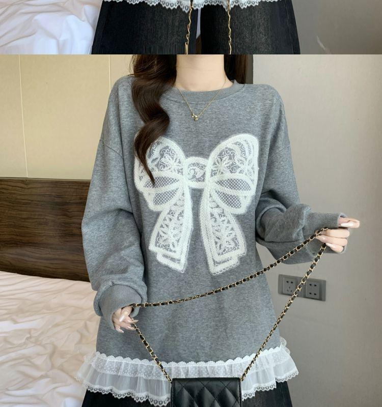 Plus Size Crocheted Lace Round Neck Slimming Long Sleeve Women's Autumn/Winter Bow Loose Mid-Length Top