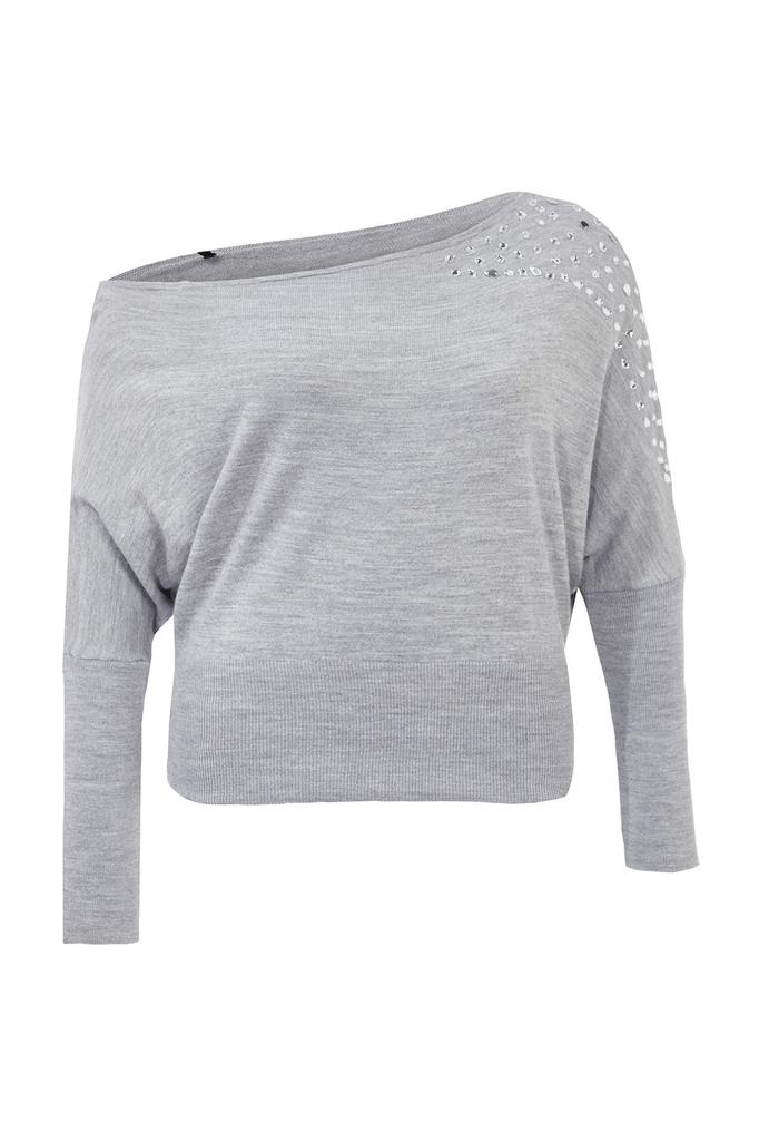 Women's Fashion Stylish Plus Size Sweater Gray Melange Low Shoulder Stone Knitwear Sweater
