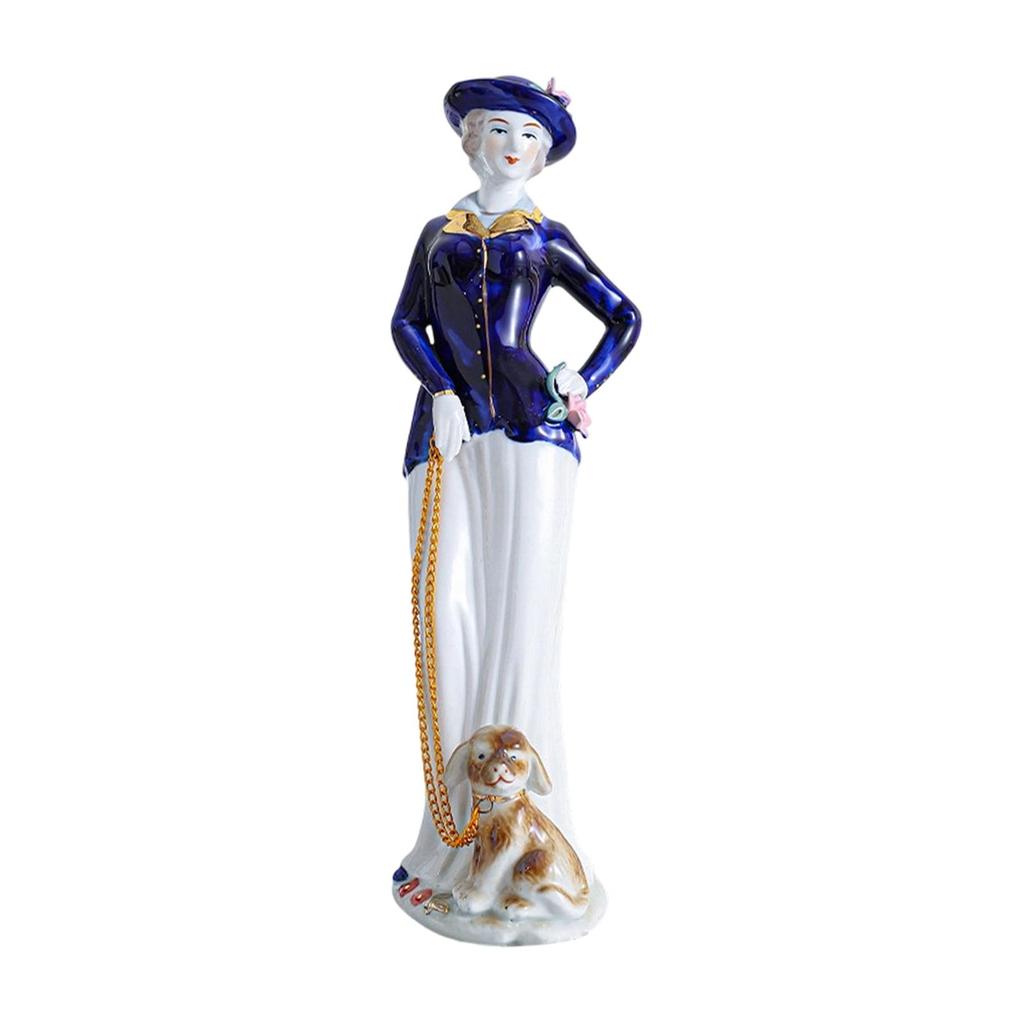 Girl Figurine European Crafts Ceramic Lady with Dog Statue Sculpture Girl Statue for Entrance Cabinet Shelf Housewarming Gifts