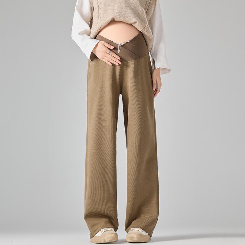

2025 Autumn Low-Waist Maternity Pants: Belly Support, Drawstring, Wide-Leg, Straight Drape, Casual Style M серый/кофейный