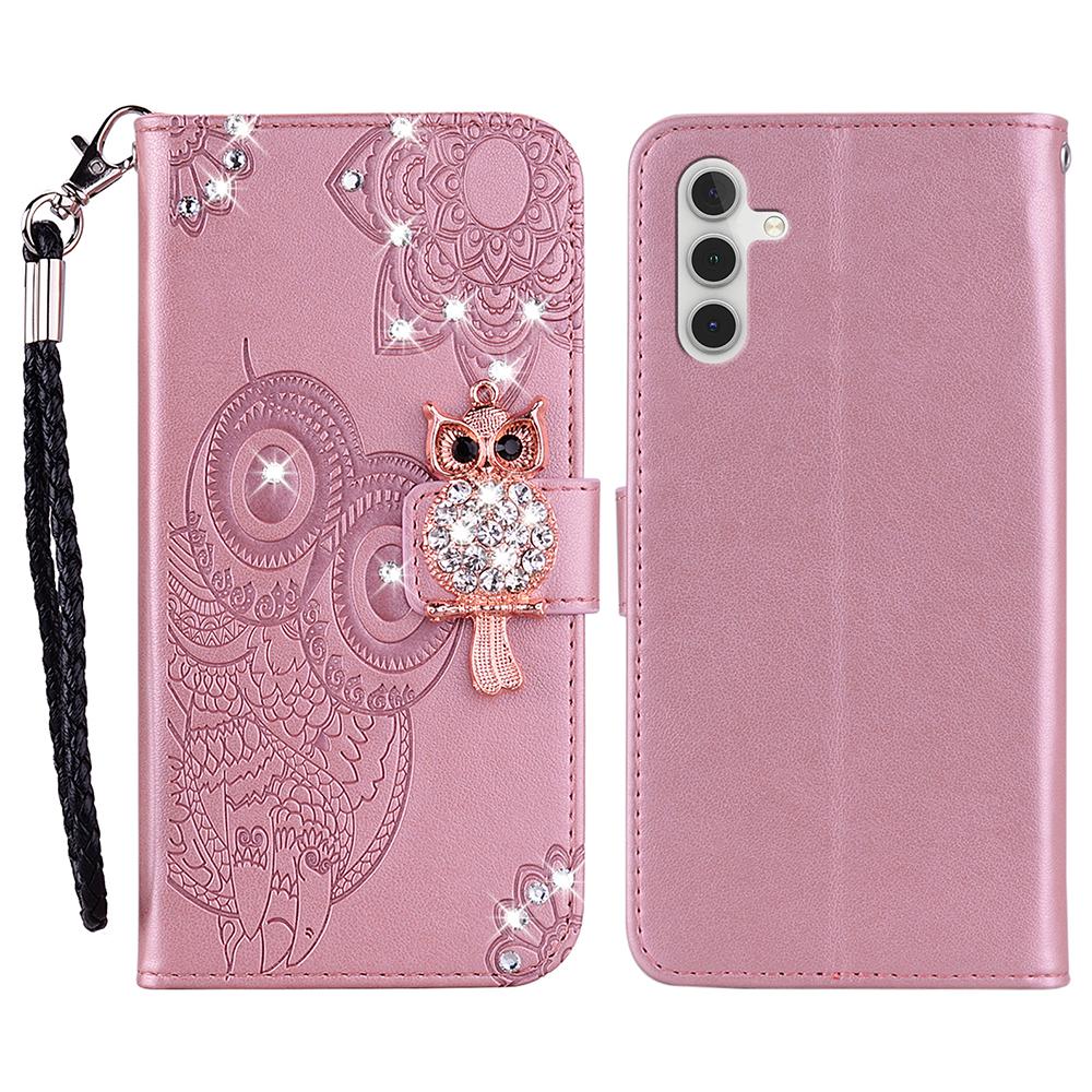 

Чехол-кошелек для Samsung Galaxy A17 5G с тиснением в виде совы и цветка, кожаная обложка со стразами Rose Gold