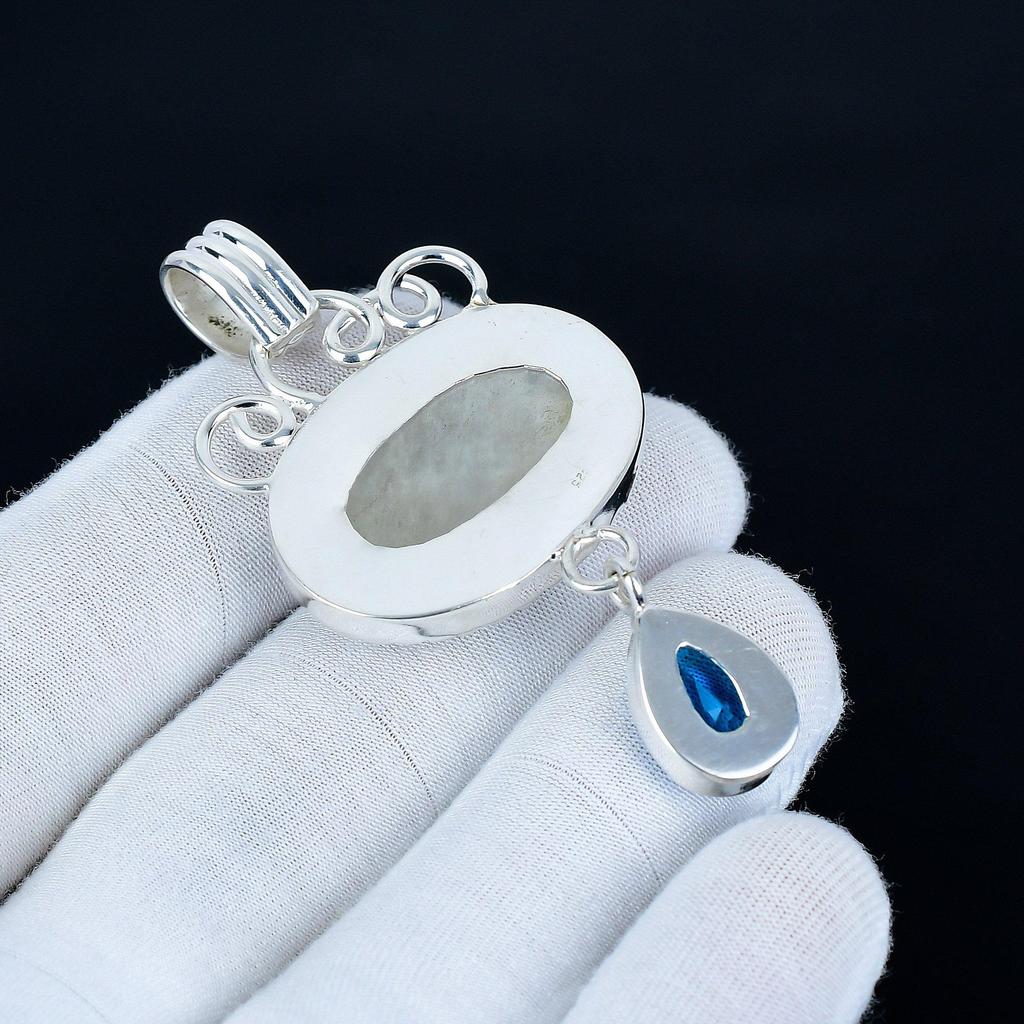 Regenbogenmondstein Anhänger, 925 Sterlingsilber Handgefertigter Schmuck, Blautopas Silberanhänger, Partyschmuck für Damen, Anhänger Weihnachtsschmuck