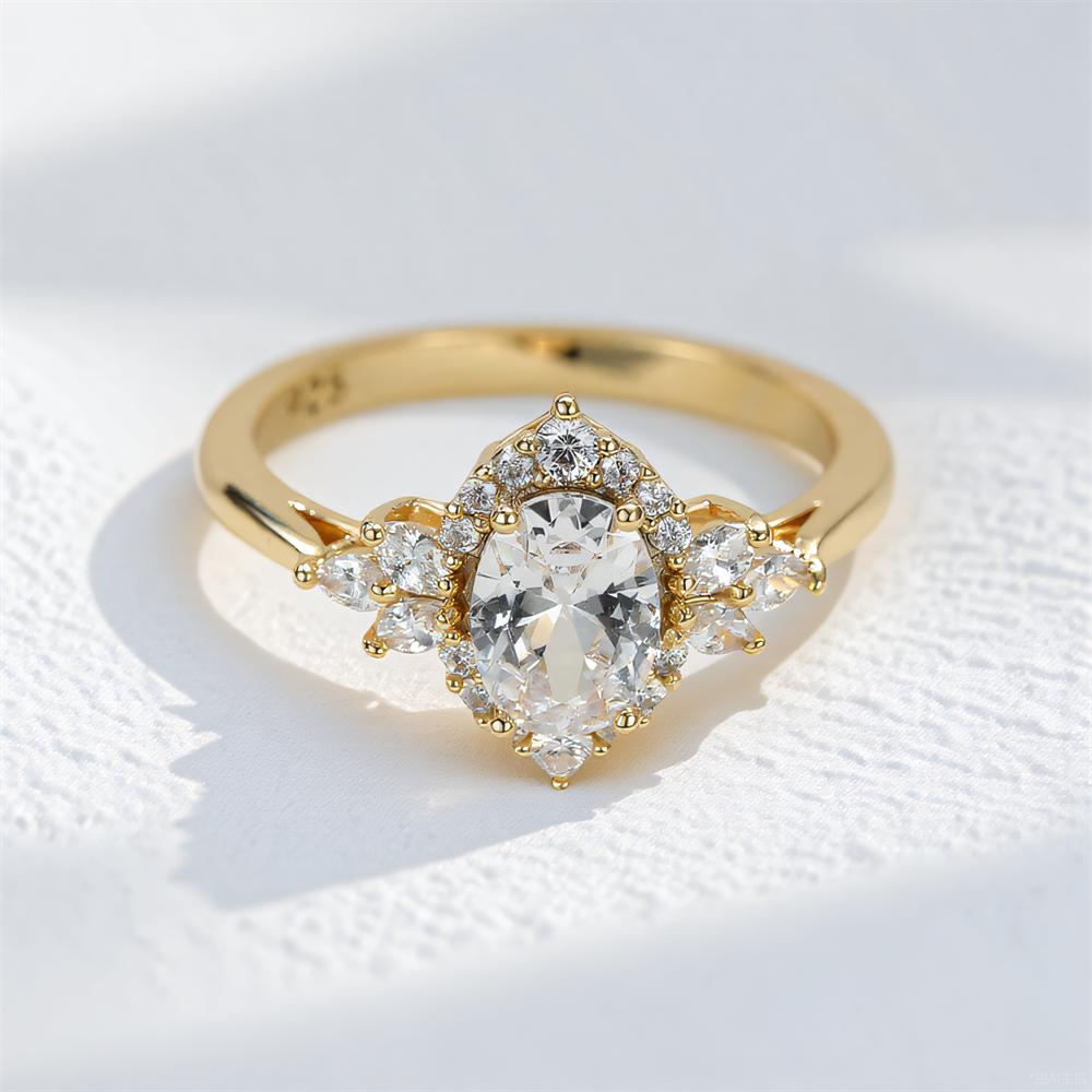 White Zircon Oval Stone Luxury Crystal Leaf Rings For Women Vintage Gold Color Engagement Ring Wedding Bands Jewelry Bridal Gift