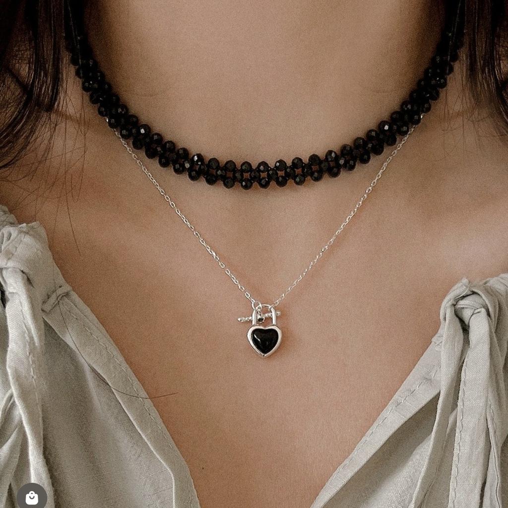 Earrings Jewelry S925 Sterling Silver Inlaid With Natural Black Agate Love Necklace Women'S Collarbone Chain Cute Sweet Versatile