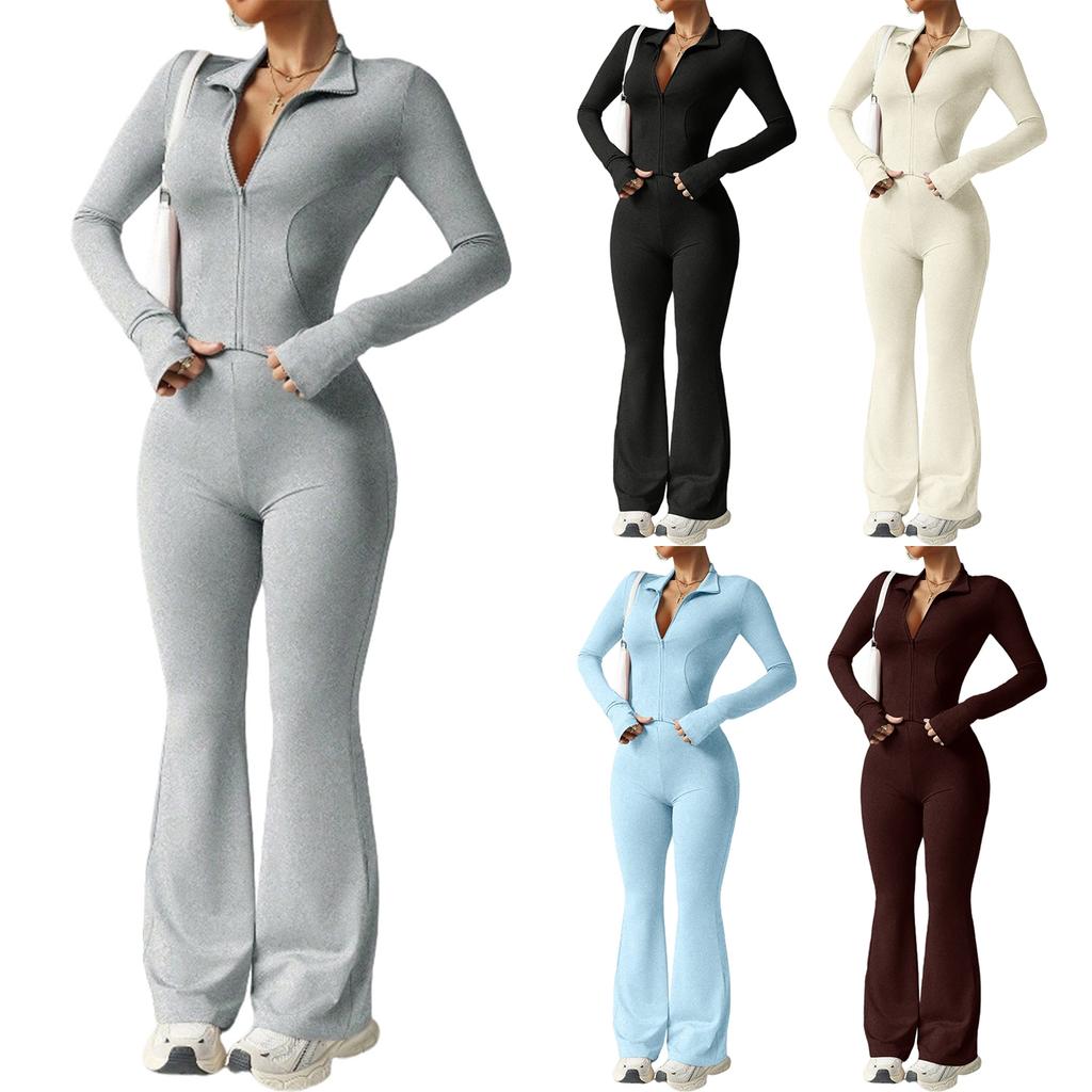 Women’s Long Sleeve Zip Up Ribbed Jumpsuit One Piece Flared Pants Fitted Stretchy Collar Bodysuit for Daily Wear