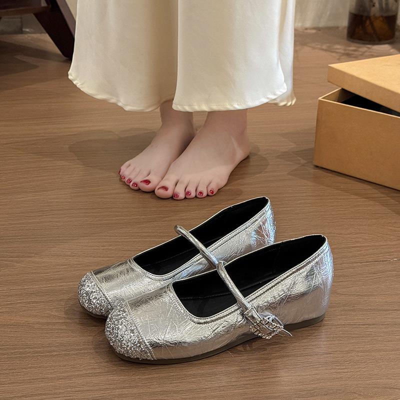 With skirt Mary Jane shoes single shoes women's spring and summer new flat beanie shoes silver small leather shoes