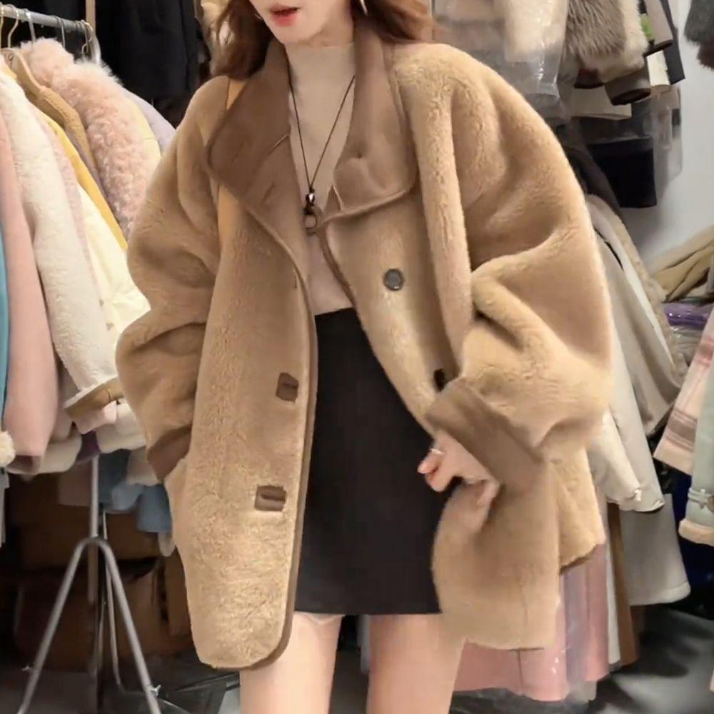 Women's Lambswool Stand Collar Coat, Loose Fit, Fur Integrated, Petite 2025, New Warm Winter Style