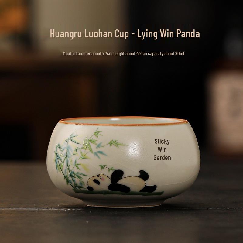 Beige Ru Ware Panda Teacup - Kung Fu Style Ceramic Tasting Cup