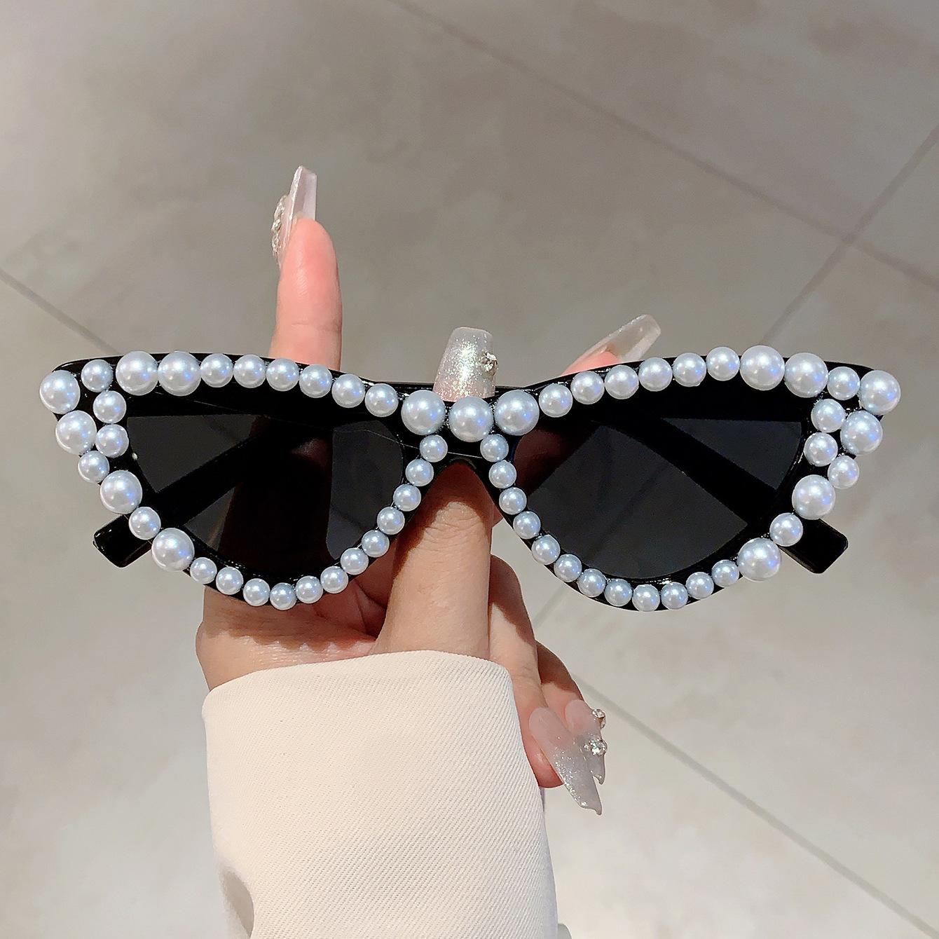 Cat S Eye Small Frame Pearl-Set Fashion Sunglasses Trendy Versatile High-End Party Sunglasses
