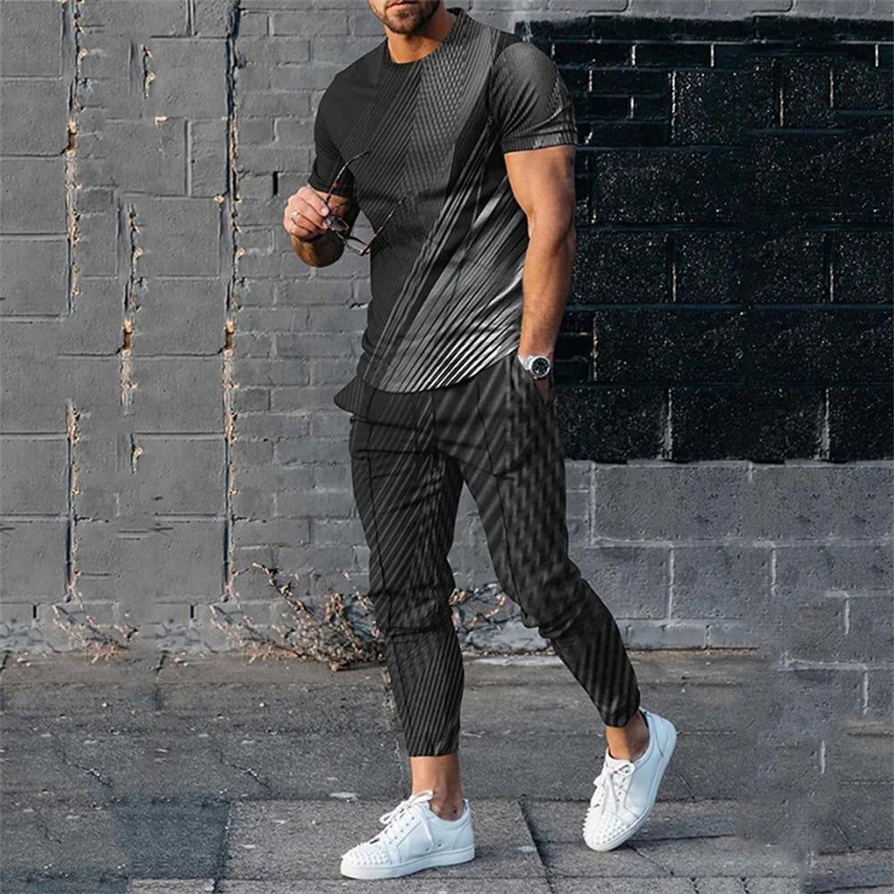 

Men Summer Sets Short Sleeve T Shirt Trousers 2 Pc Sets Print Oversized T-shirts Pants Suits Casual Tops Sweatpants Men Clothing S
