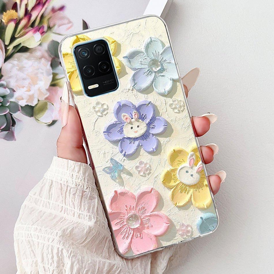 Pro telefon Realme 8 5G RMX3241 Pouzdro na telefon Realme8 5G Elegantní Květinový Potisk Kočky Měkký Silikon Průhledné TPU Pouzdra