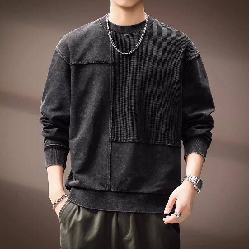 Men's American Retro Washed Patchwork Long Sleeve Sweatshirt