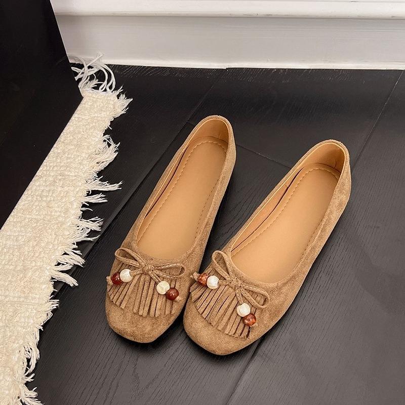 Suede Round-toe Shallow-mouth Tassel Slip-on Soft-sole Anti-slip Wear-resistant Low-heel Single