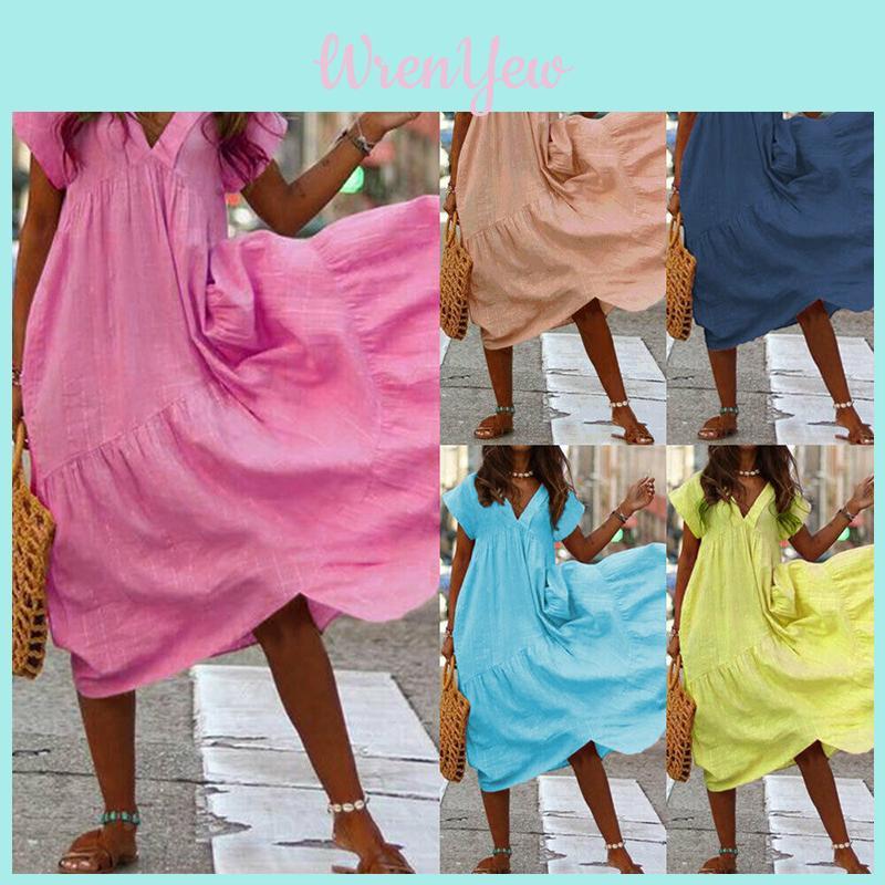 Robe Longue Mode Femme Élégante Manches Courtes Couleur Unie Décontractée Bohème Kaftan