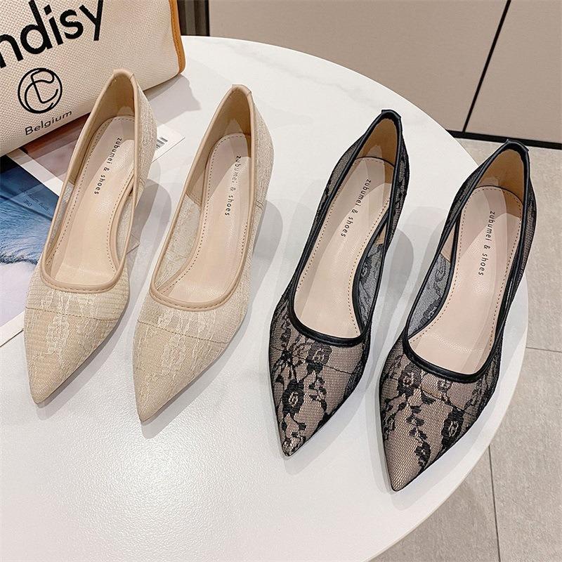 - Sexy temperament pointed-toed stiletto single shoes women's fashion mesh banquet women's shoes lace high heels