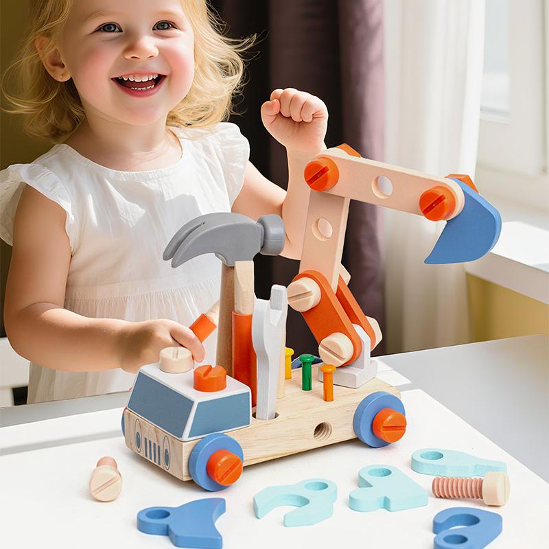 Wooden Nut Assembly Construction Vehicle Toy - DIY Building Set For Kids Enhances Hands-On And Cognitive Skills Parent Interacti