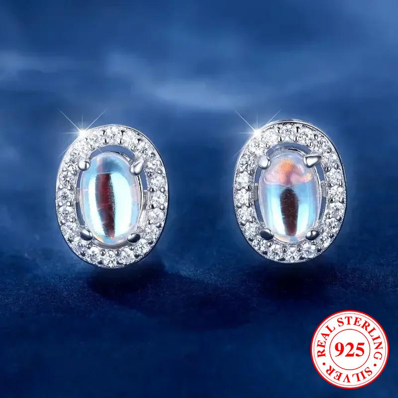 

Серьги из стерлингового серебра 925 пробы для женщин и девушек, изысканные серьги-пусеты с белым цирконом и овальным лунным камнем, свадебные украшения, подарок серебряный