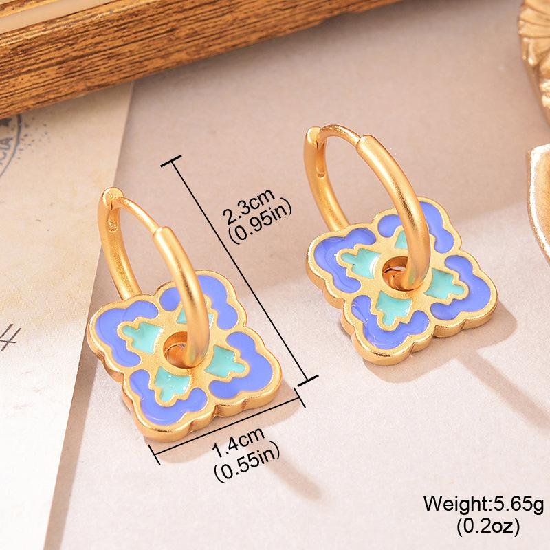 Elegant New Chinese Enamel Dripping Oil High-end Floral Niche Ear Buckle Design Light Luxury Simple Women's Earrings