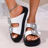 Fashion Fashion 2025 Open Toe Women's Slippers Summer New Wearing Outside Plus Size Crystal Belt Buckle Comfortable Solid Flat Slippers
