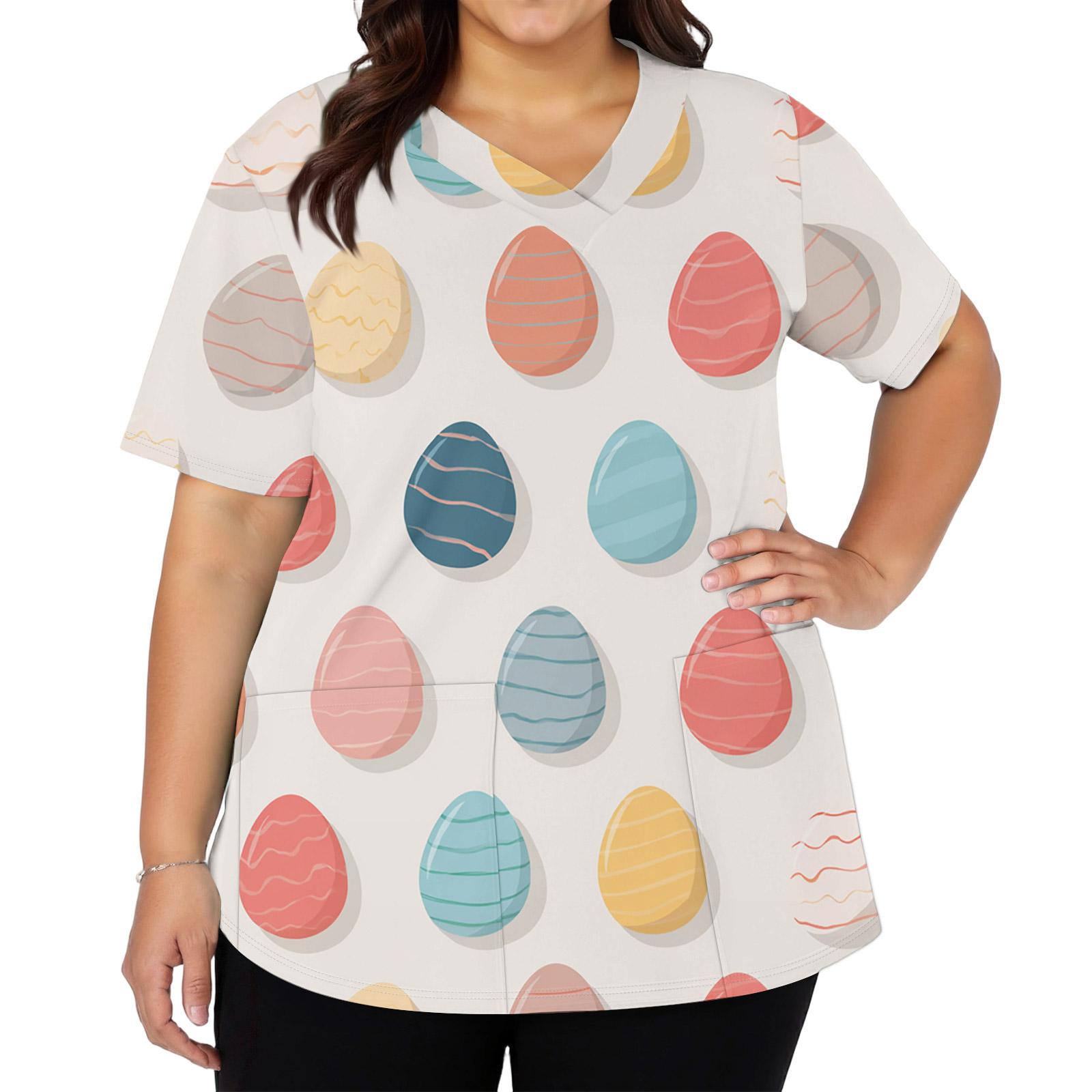 

Women s Fashionable V-neck Short-sleeved Work Top With Double Side Slits And Pockets, Featuring Easter Bunny And Egg Prints. M помаранчевий