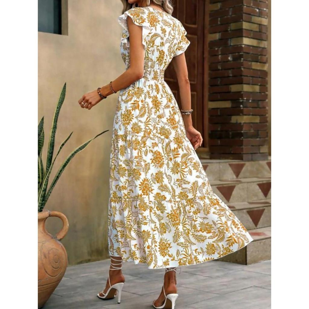 New Summer V Neck Printed Midi Dress Women's Casual Fashion Dress for Outdoor Daily Wear