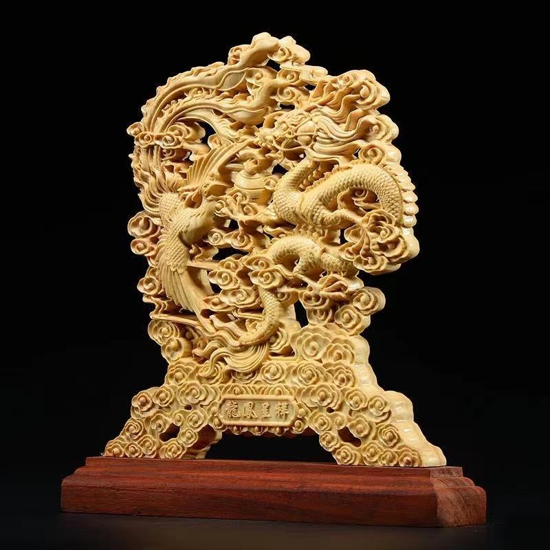 Wood Carving  Dragon, Phoenix Decorative Statue Chinese Mascot Mythical Beast Home and Office Decoration Ornaments