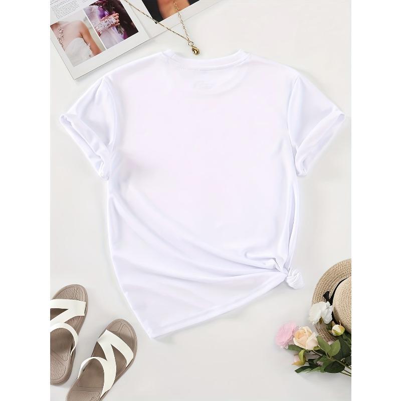 European Size Cute Flower & Letter Print Casual T-shirt, Crew Neck Short Sleeve Top For Spring & Summer, Women's Clothing