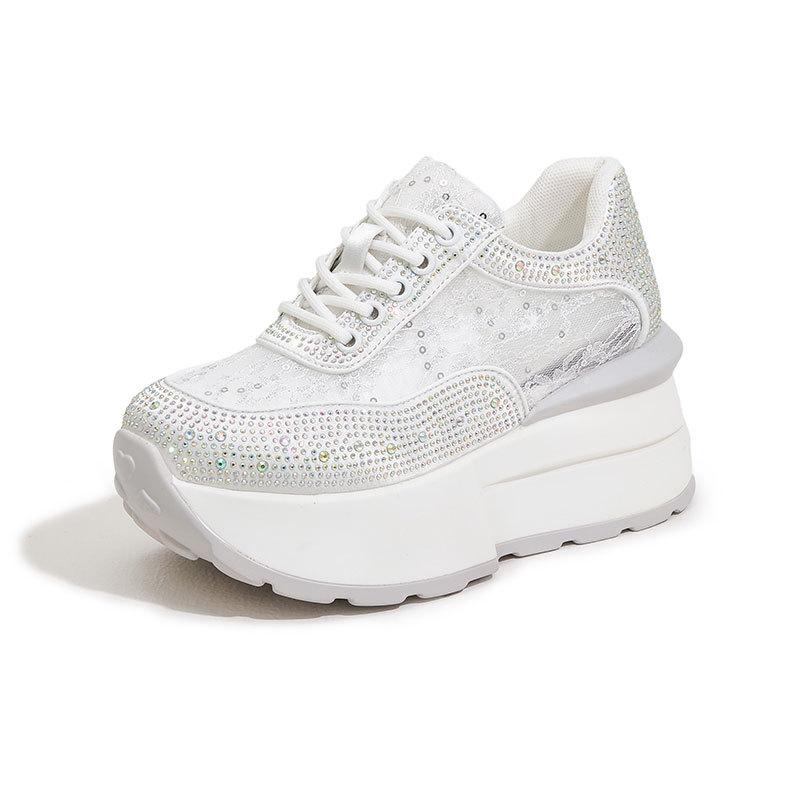 Platform white shoes women's 2025 summer new rhinestone hollow mesh sandals inner height increase versatile Forrest Gump casual shoes