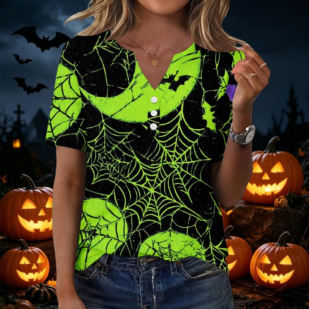 Women's Casual Halloween Print V Neck Short Sleeve T Shirt with Decorative Buttons Gothic Style Relaxed Fit Top for Everyday Wear