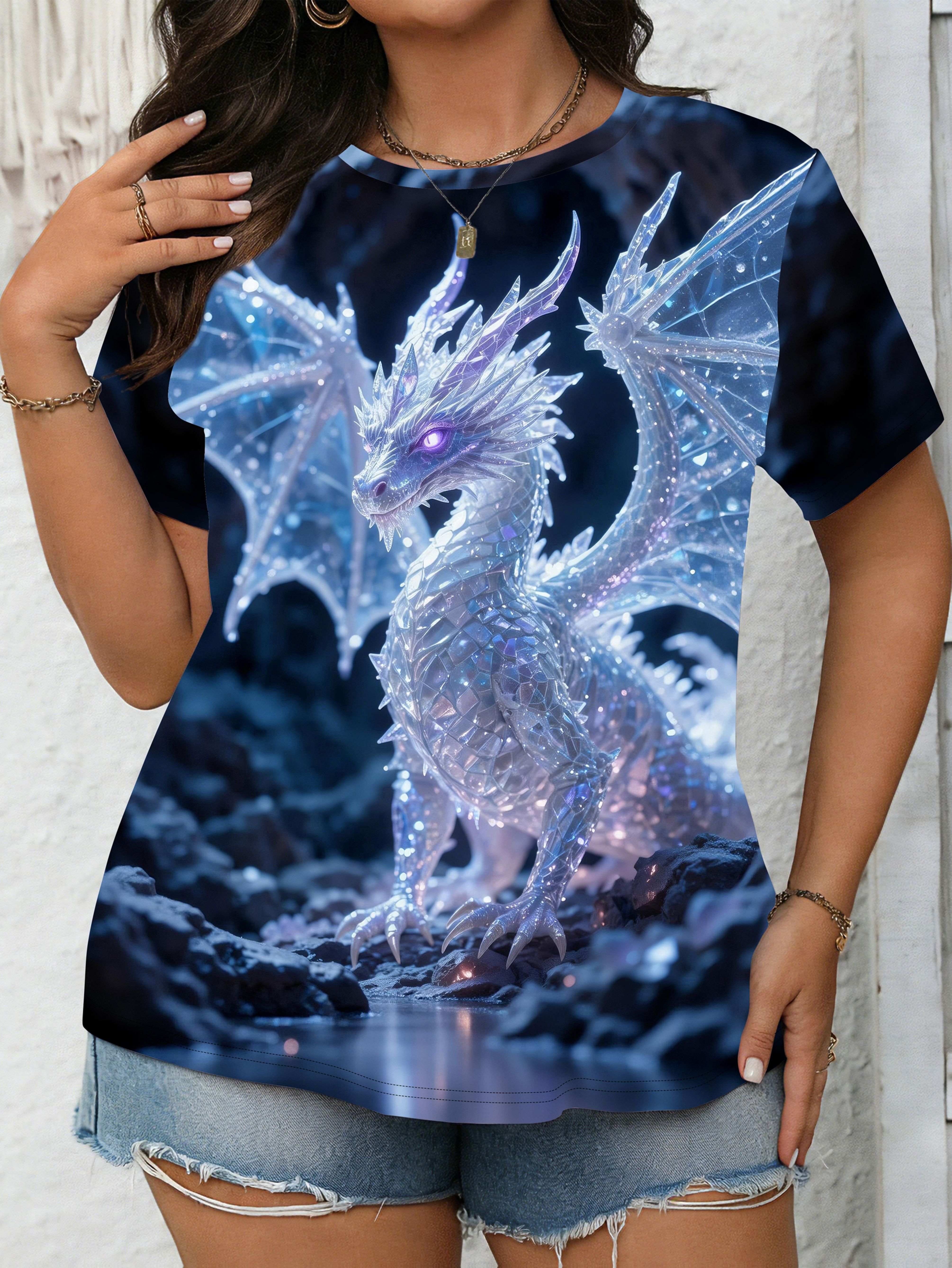 

A Dark Blue Short-Sleeve T-Shirt for Plus-Size Women. Adorned with a White Dragon Print That Has a Crystal-Like Texture. Offering a of Luxury And Fant M дубильная кора