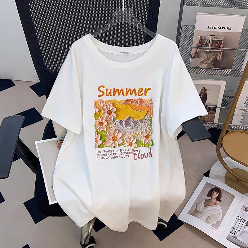 Plus Size Slimming Mid-Length Short-Sleeve T-Shirt (200/300/350 Jin) for Women