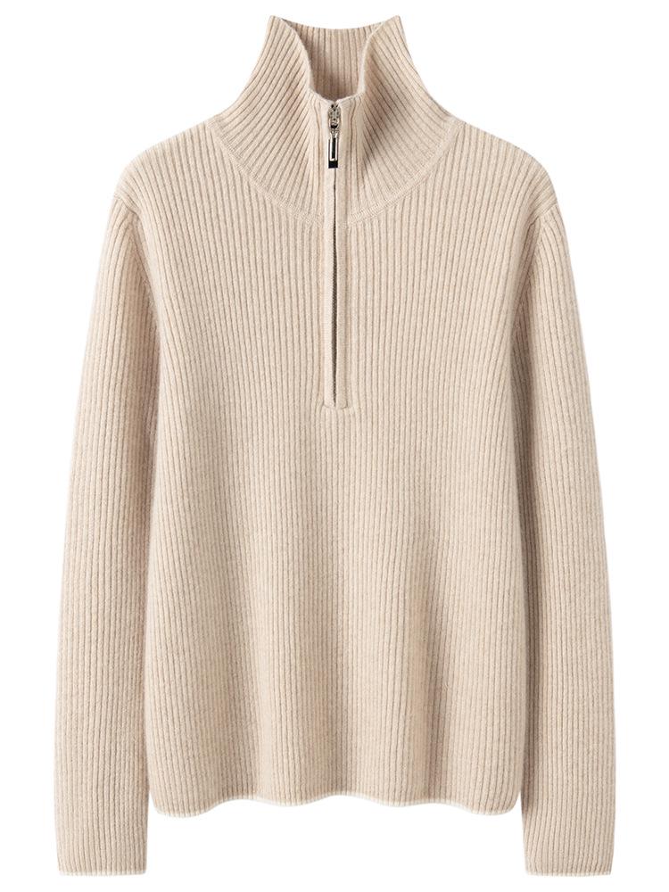Women's Autumn/Winter 2026 Half-Zip Cashmere Sweater - Lapel Vertical Stripe, Gentle Style Loose Slimming Knitwear