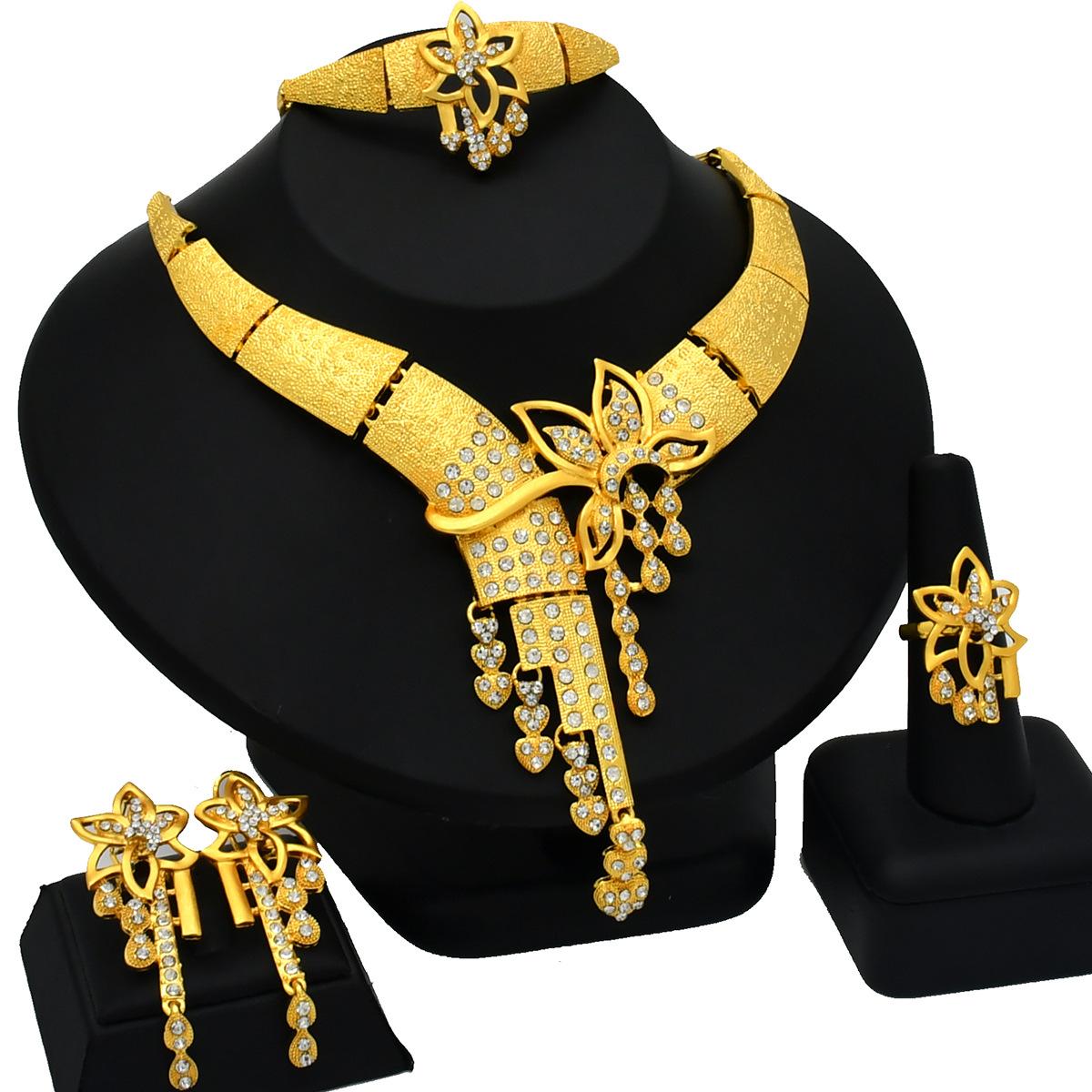 2026 Dubai Bridal Necklace Earrings Ring Bracelet Four-piece Middle Eastern Women s Gold New Jewelry Set 45CM