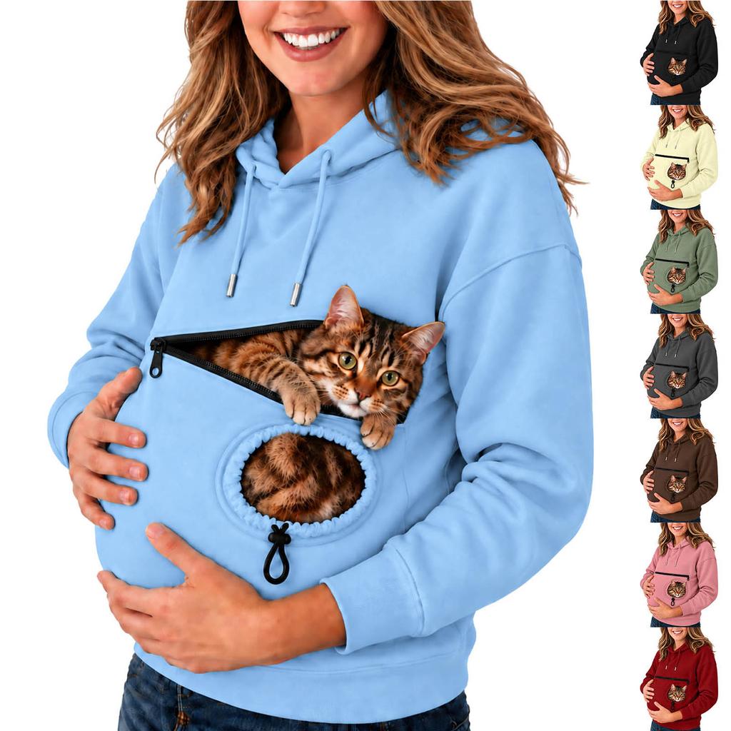 Unisex Pet Pouch Hoodie with Cutout Zipper Pocket, Loose Fit Casual Hooded Sweatshirt for Cats and Dogs