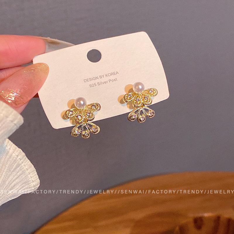 French retro exquisite diamond-set double-layer flower earrings women's fashion versatile temperament high-end stud earrings