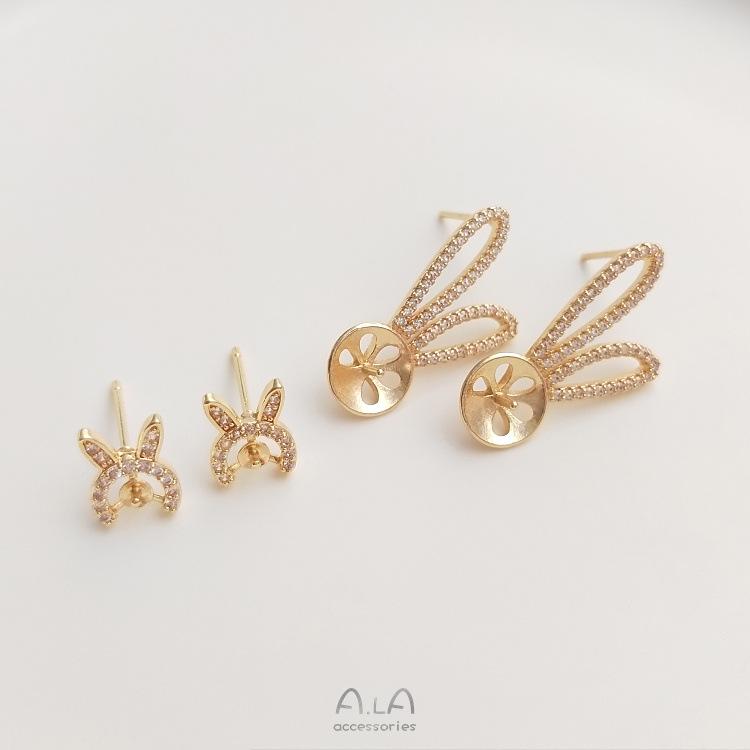 14K Gold-Filled Zircon Rabbit Stud Earrings with 925 Silver Pins and DIY Inlaid Style.
