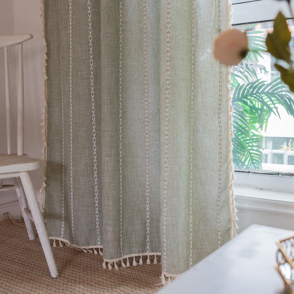 Grass Green Bohemian Bedroom Living Room French Country Linen Striped Fringed Curtains Finished