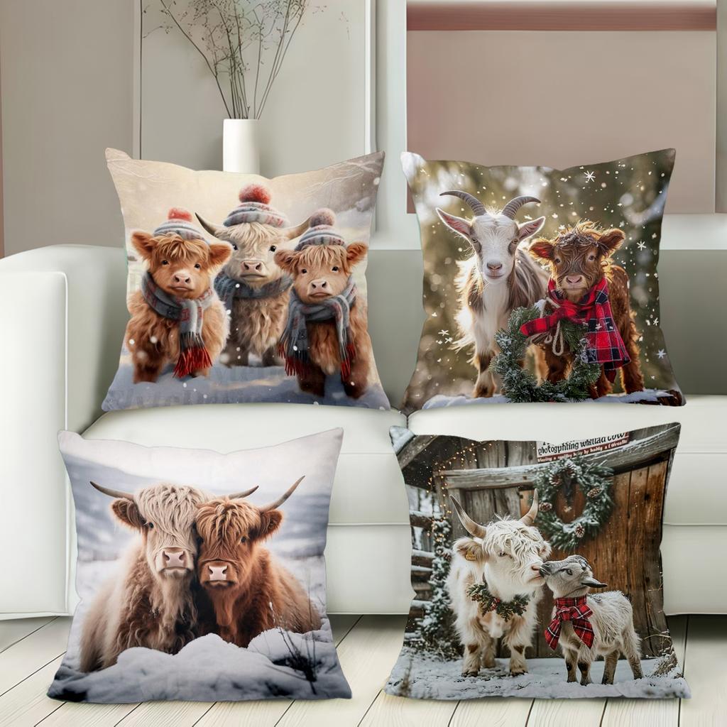 Cute Highland Cows and Goats Winter Pattern Cushion Covers Polyester pillowcase, sofa decorative cushion cov Headboard Pillow